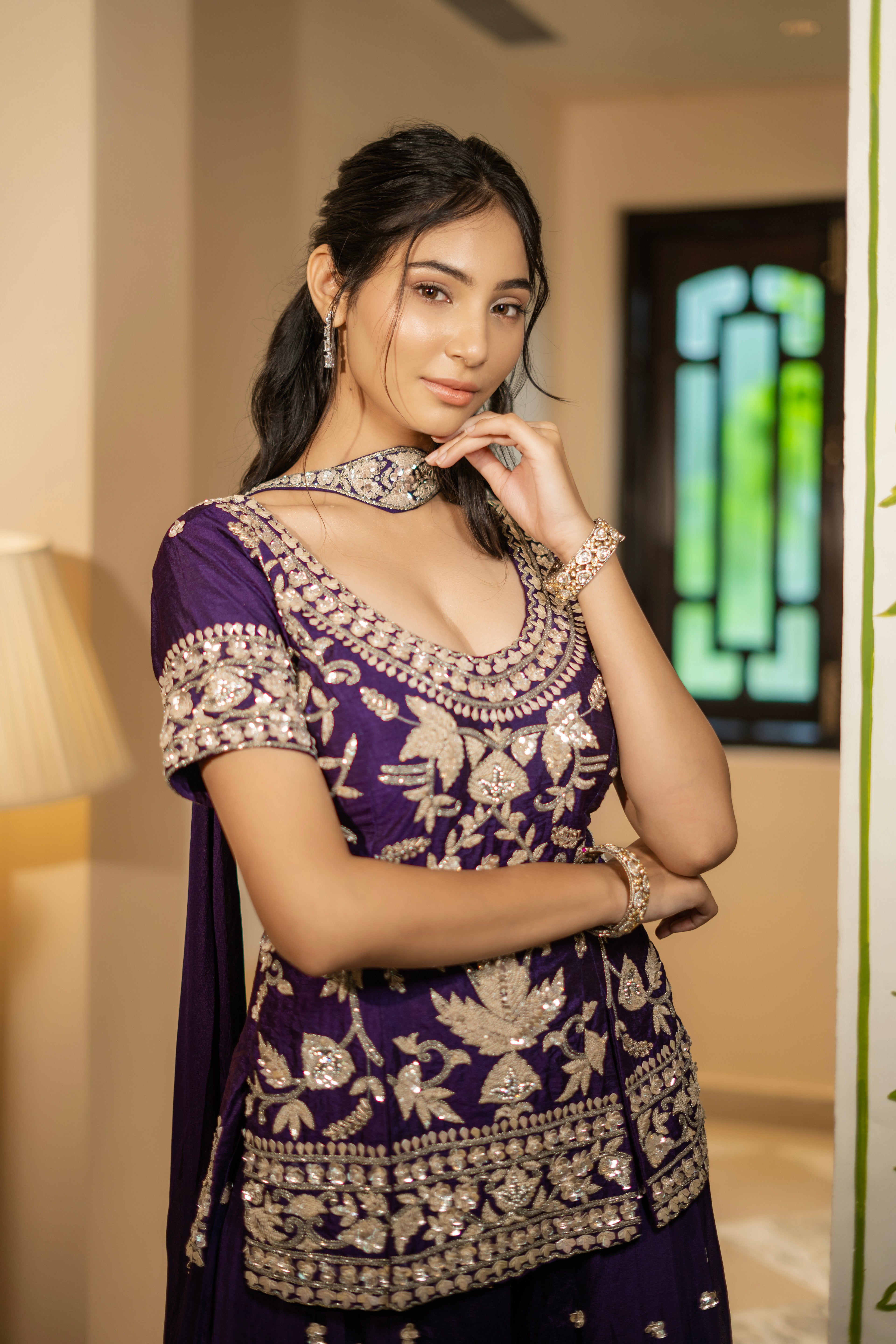 Royal Purple Sequin Embroidered Sharara Set