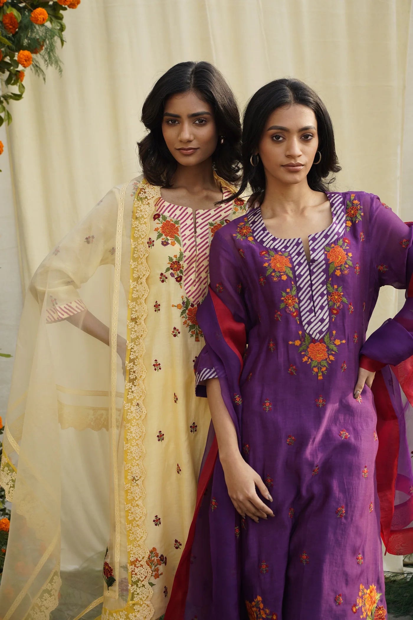Purple Floral Embroidered Kurta Set