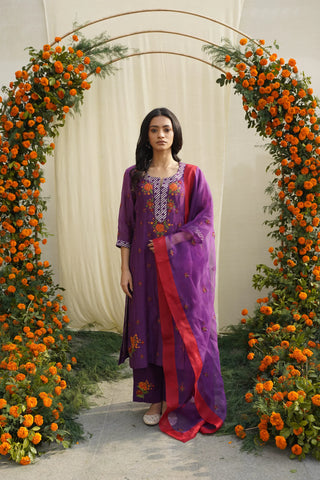 Purple Floral Embroidered Kurta Set