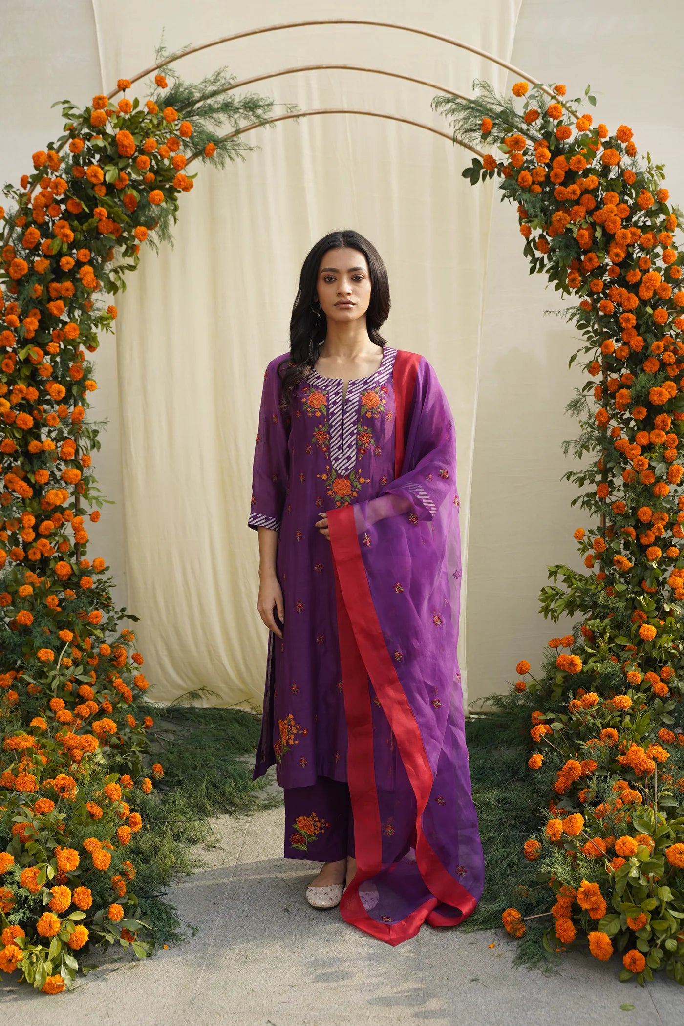 Purple Floral Embroidered Kurta Set