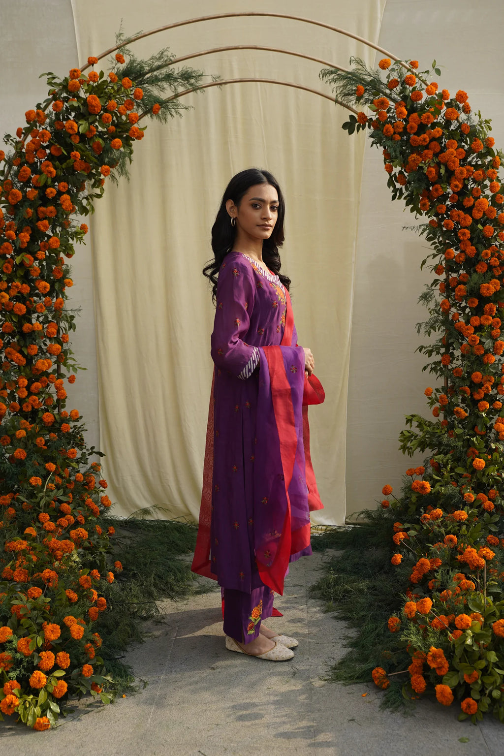 Purple Floral Embroidered Kurta Set