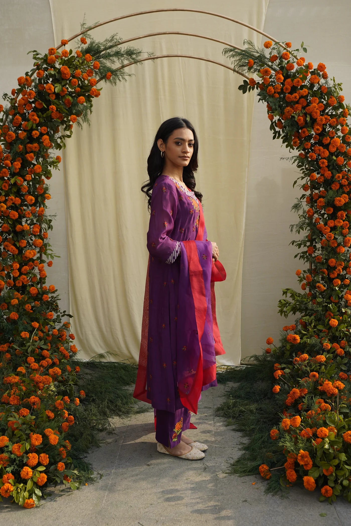 Purple Floral Embroidered Kurta Set