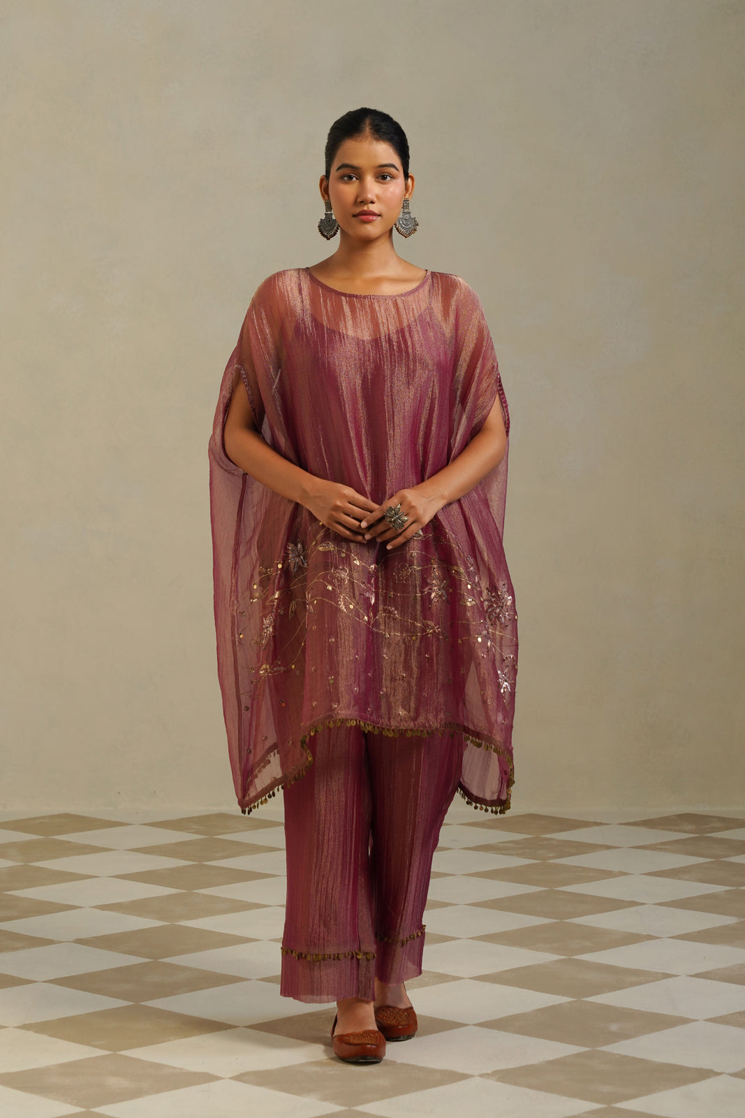 Adaa Muted Berry Kaftan Set with Palazzo Main image