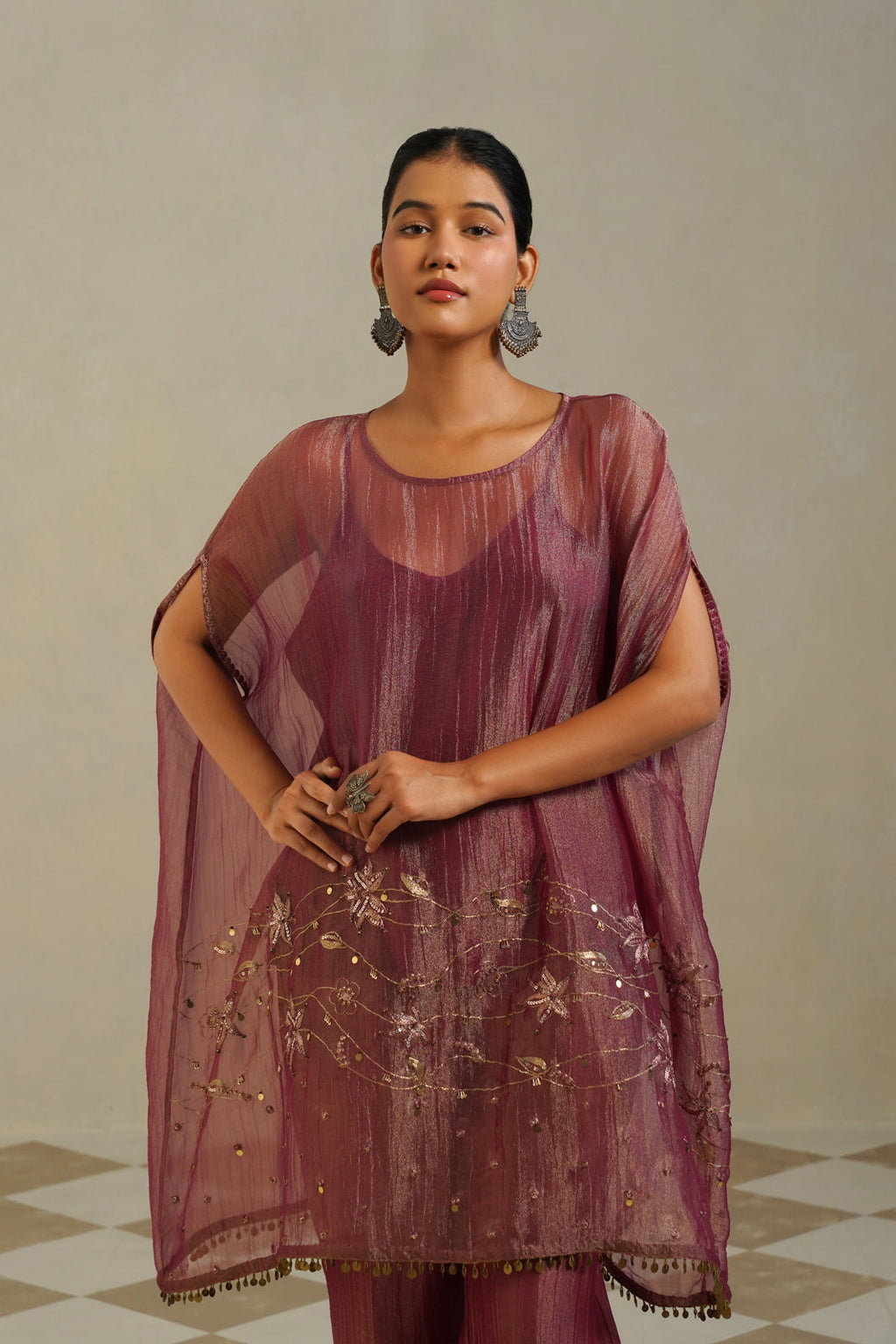 Adaa Muted Berry Kaftan Set with Palazzo
