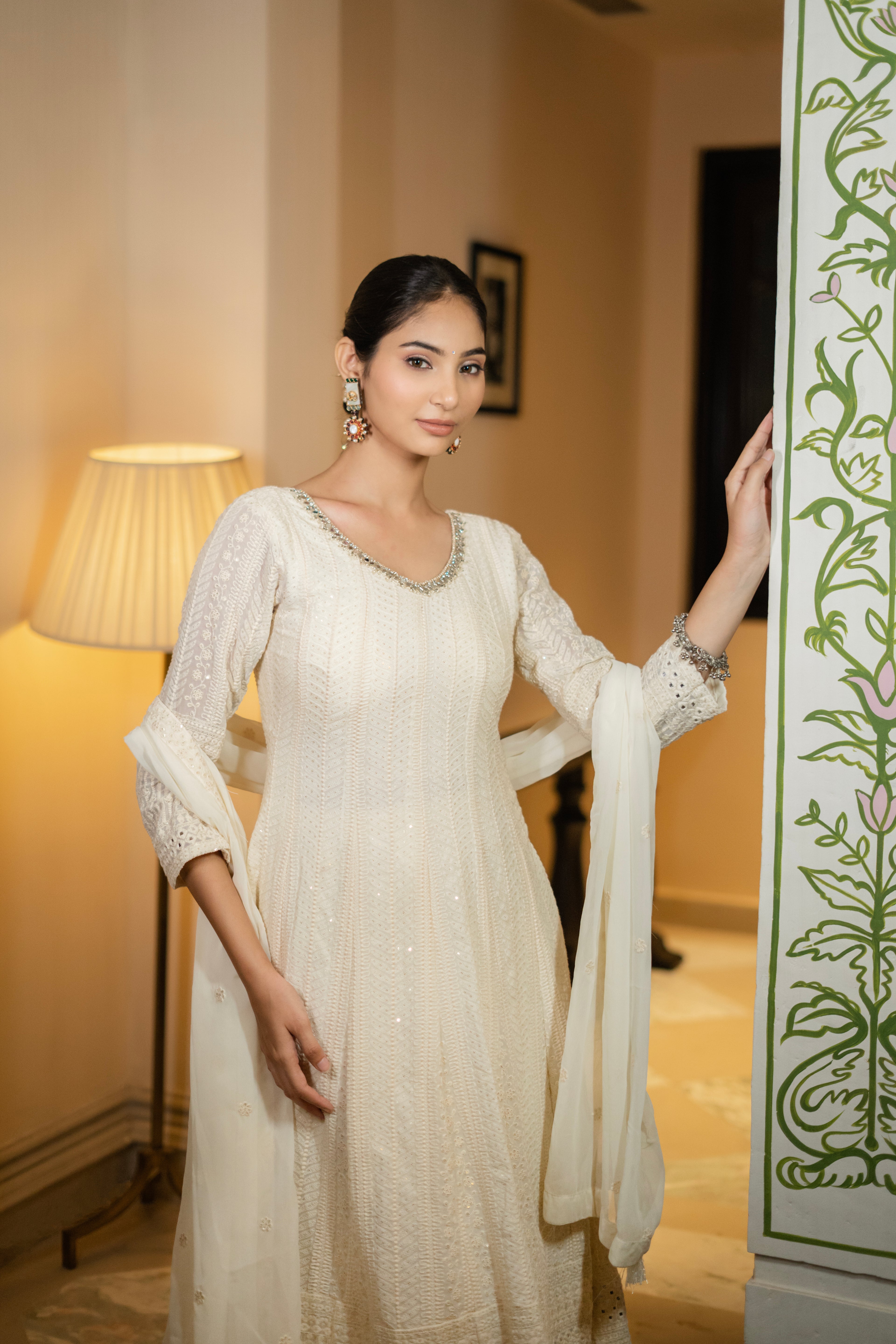 Ivory Embroidered Anarkali Set