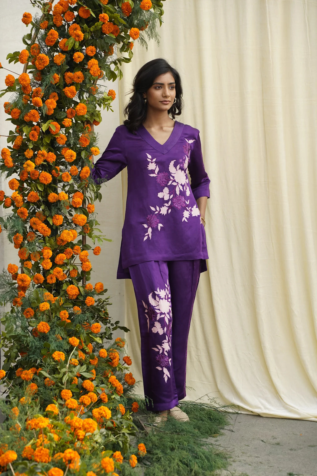 Purple Linen Satin Coord Set