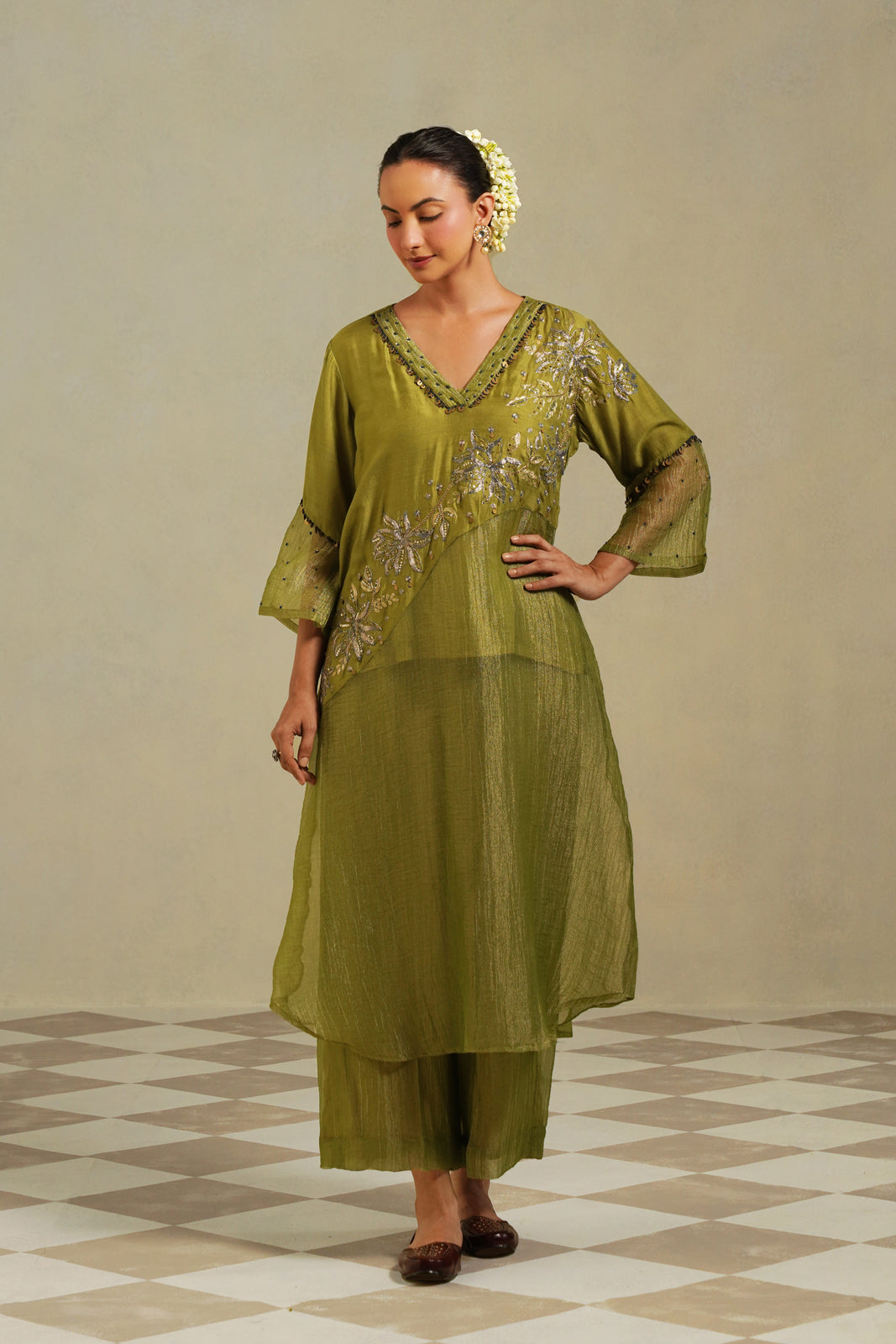 Yamini Lime Green Gold Panelled Kurta Set with Palazzo Secondary image