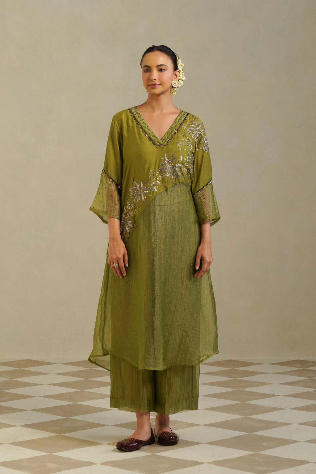 Yamini Lime Green Gold Panelled Kurta Set with Palazzo