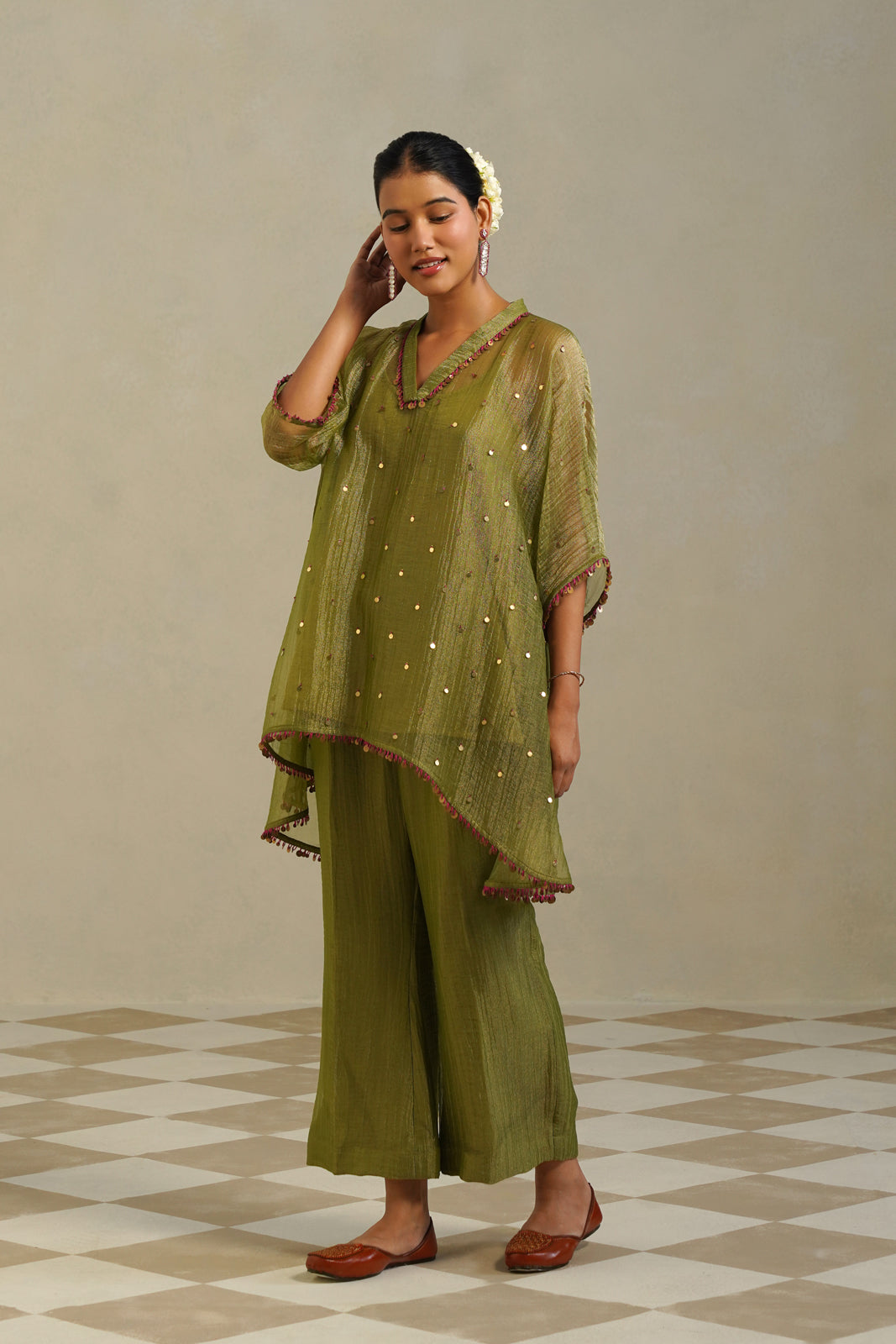 Kaina Lime Green Gold Kaftan Set with Palazzo