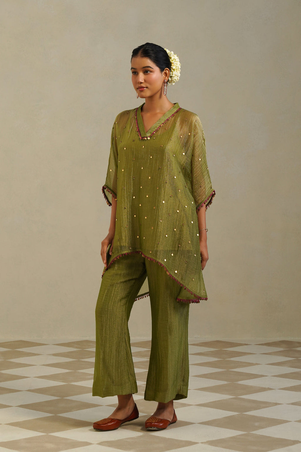 Kaina Lime Green Gold Kaftan Set with Palazzo