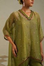 Kaina Lime Green Gold Kaftan Set with Palazzo
