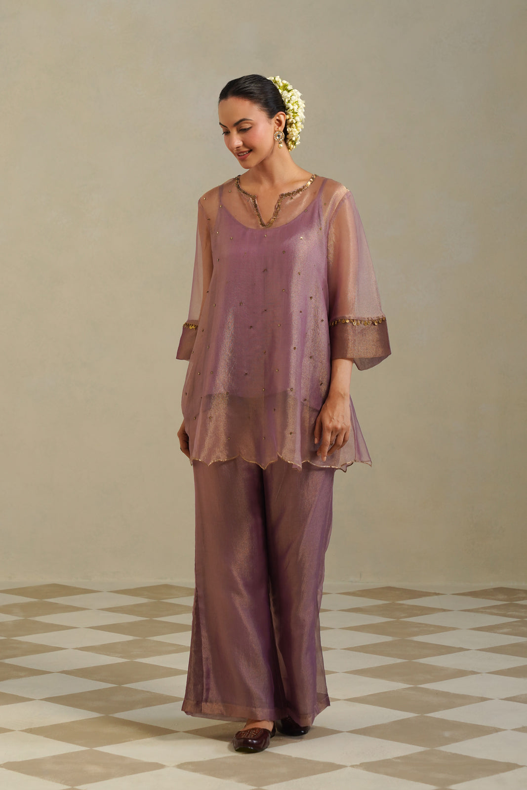Mrinal Dusty Mauve Halter Neck Asymmetrical Tunic Co-ord Set