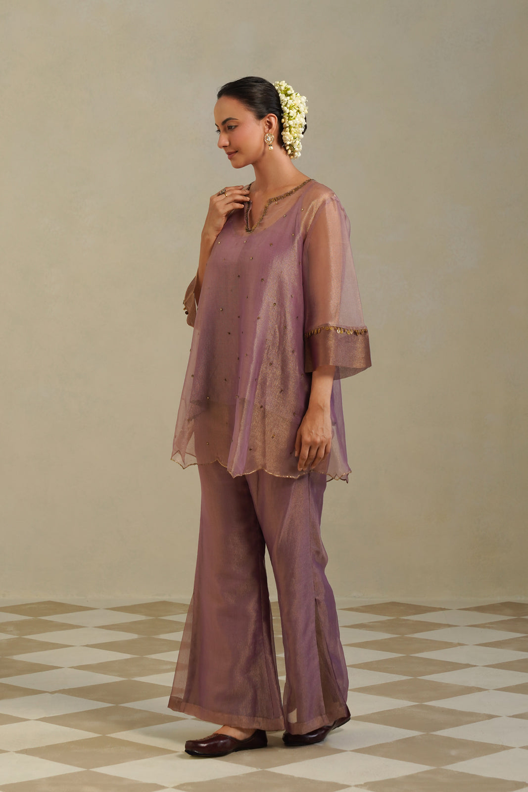 Mrinal Dusty Mauve Halter Neck Asymmetrical Tunic Co-ord Set Secondary image