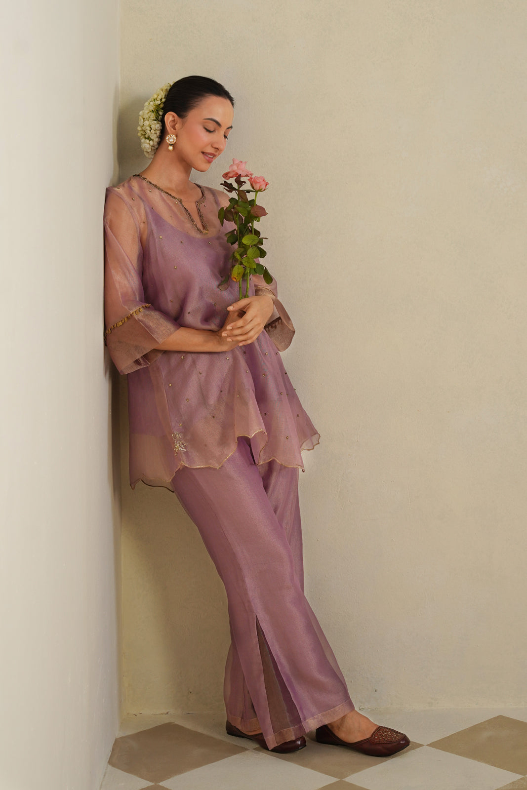 Mrinal Dusty Mauve Halter Neck Asymmetrical Tunic Co-ord Set
