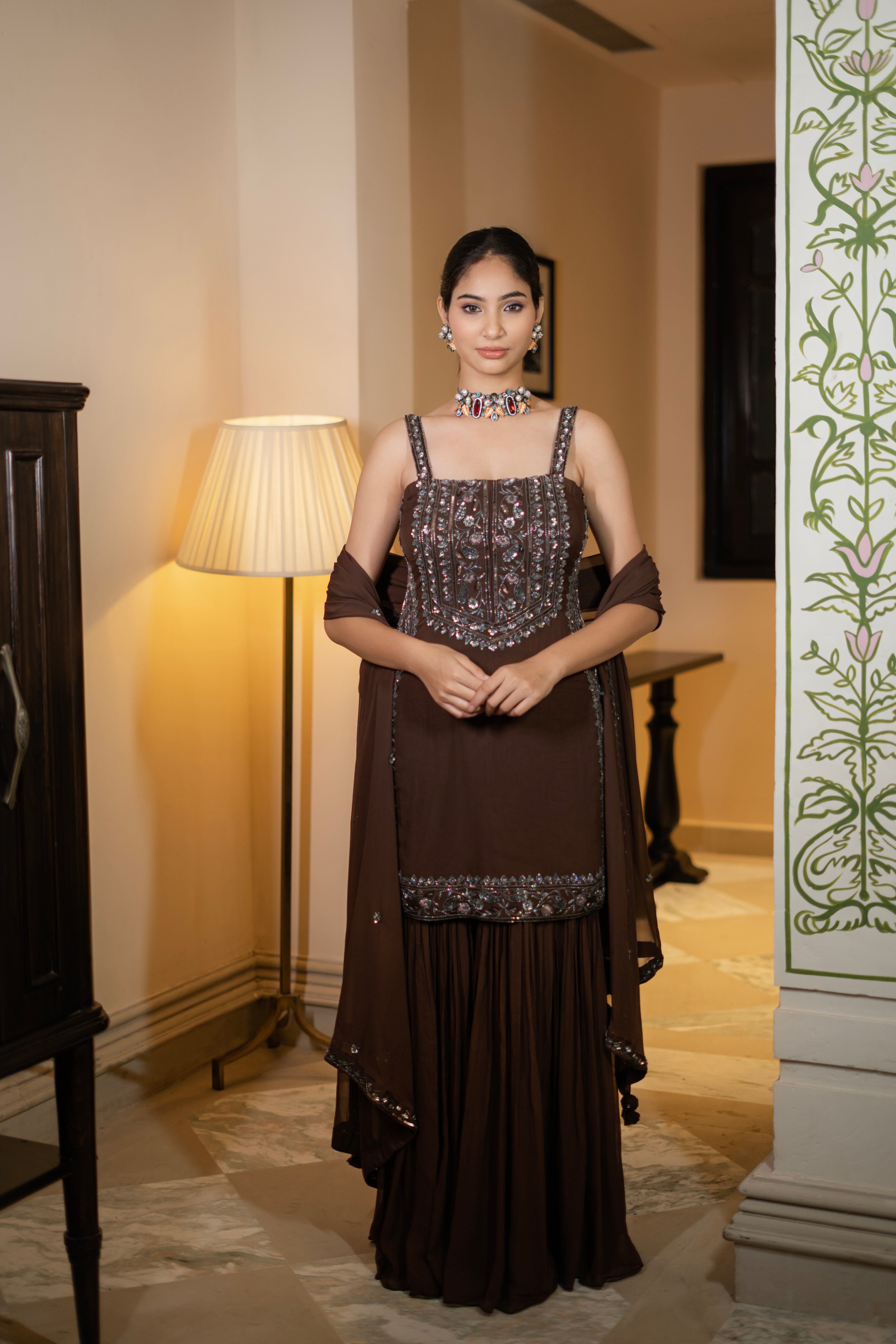 Coffee Brown Sequin Embroidered Sharara Set