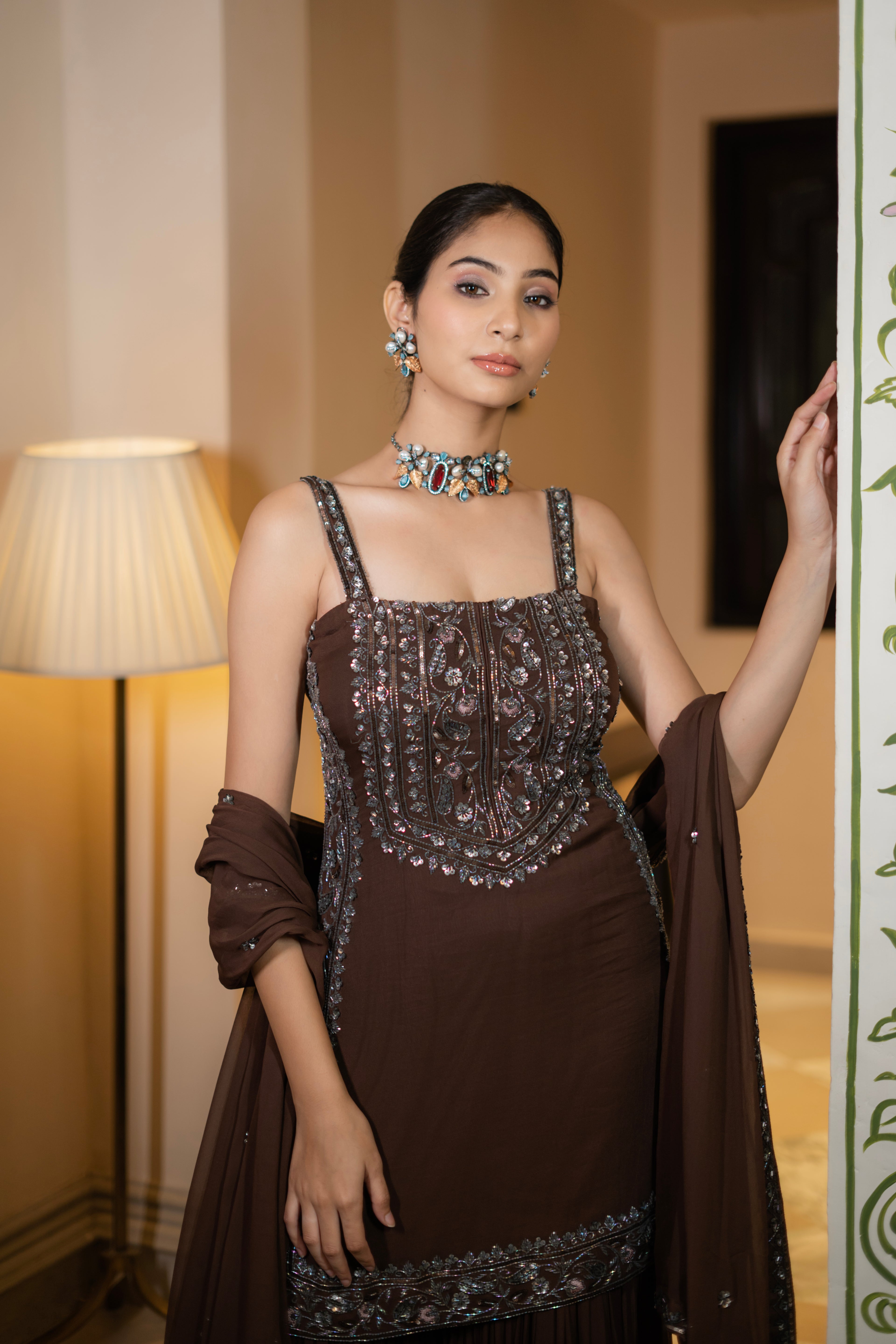 Coffee Brown Sequin Embroidered Sharara Set
