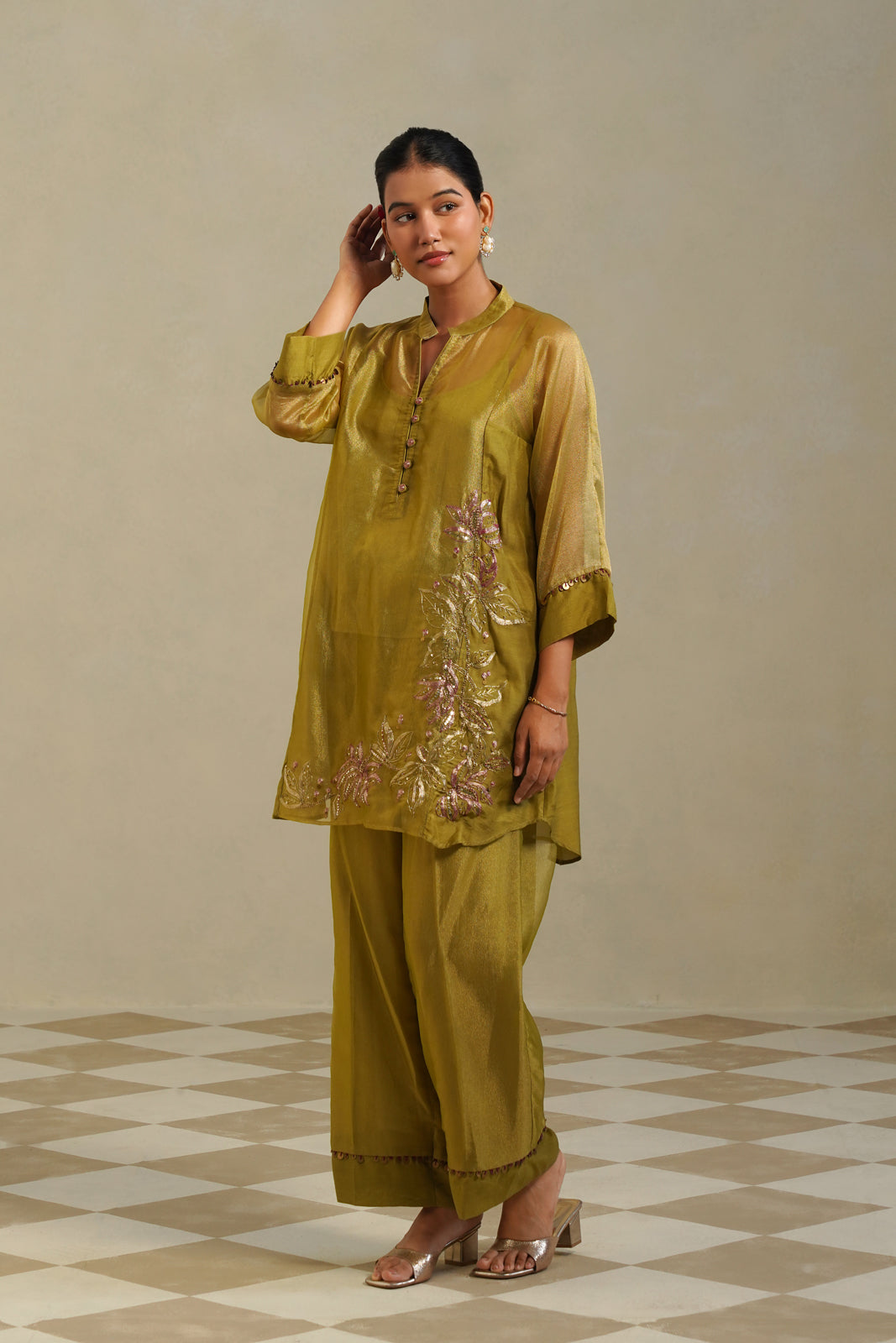 Vanya Lime Green Gold Kurta Co-ord Set Secondary image