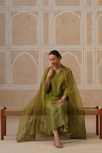 Mihika Olive Green Temple Scallop Kurta Set