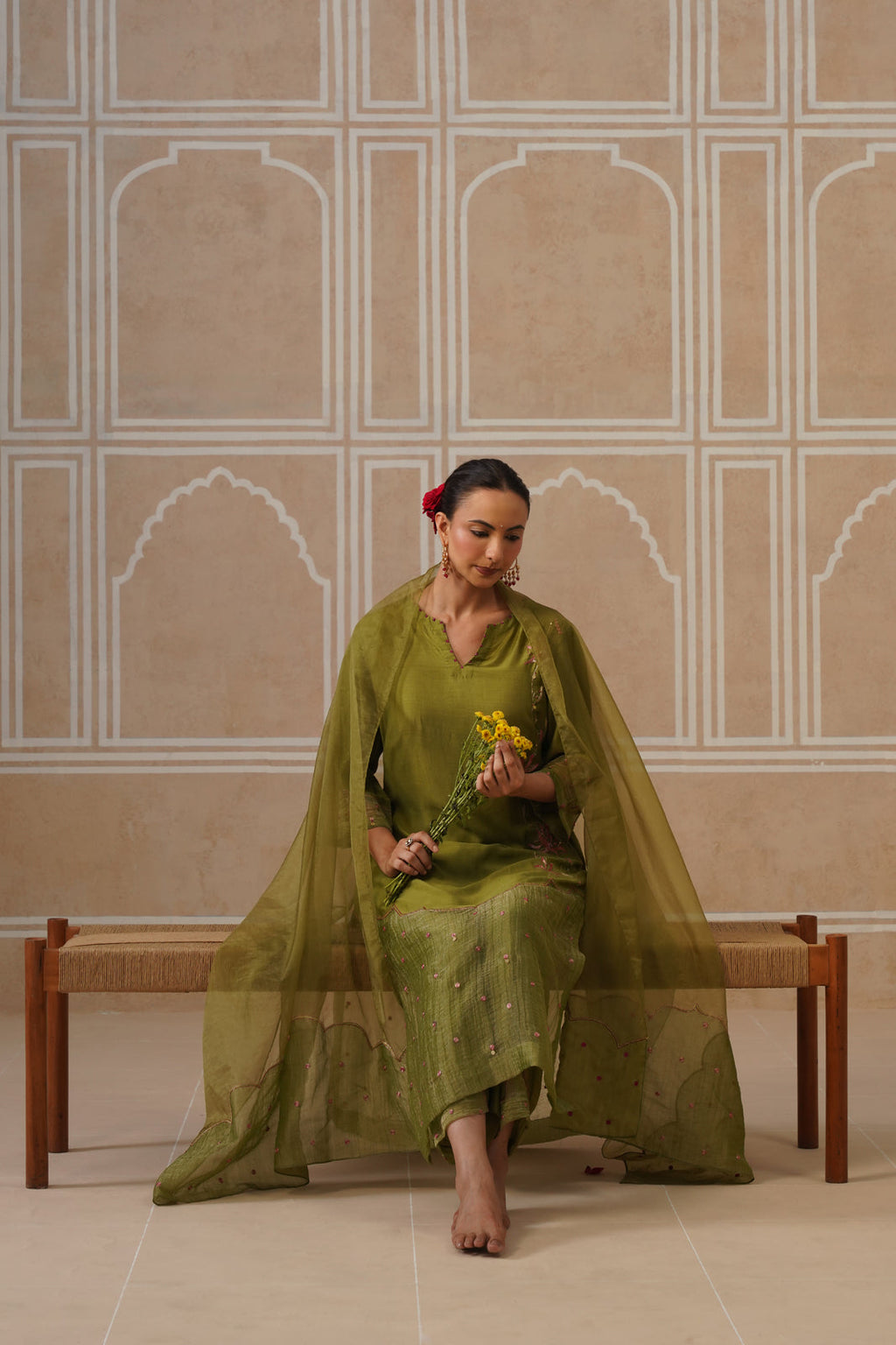 Mihika Olive Green Temple Scallop Kurta Set