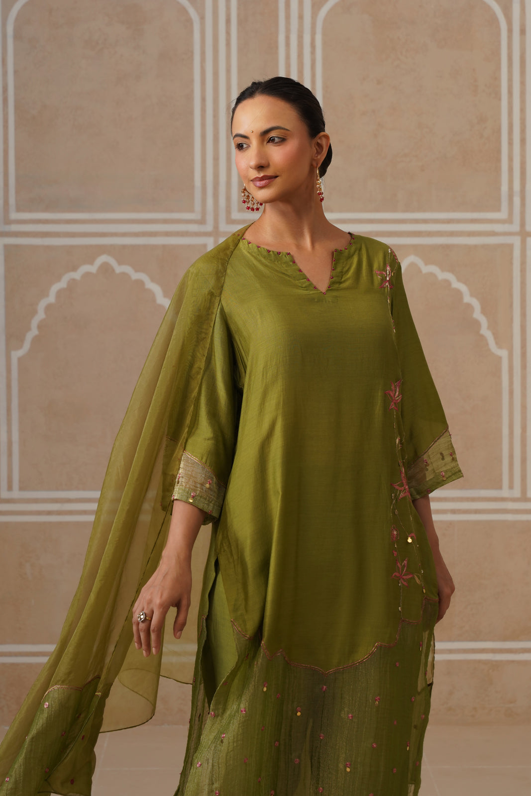 Mihika Olive Green Temple Scallop Kurta Set Secondary image