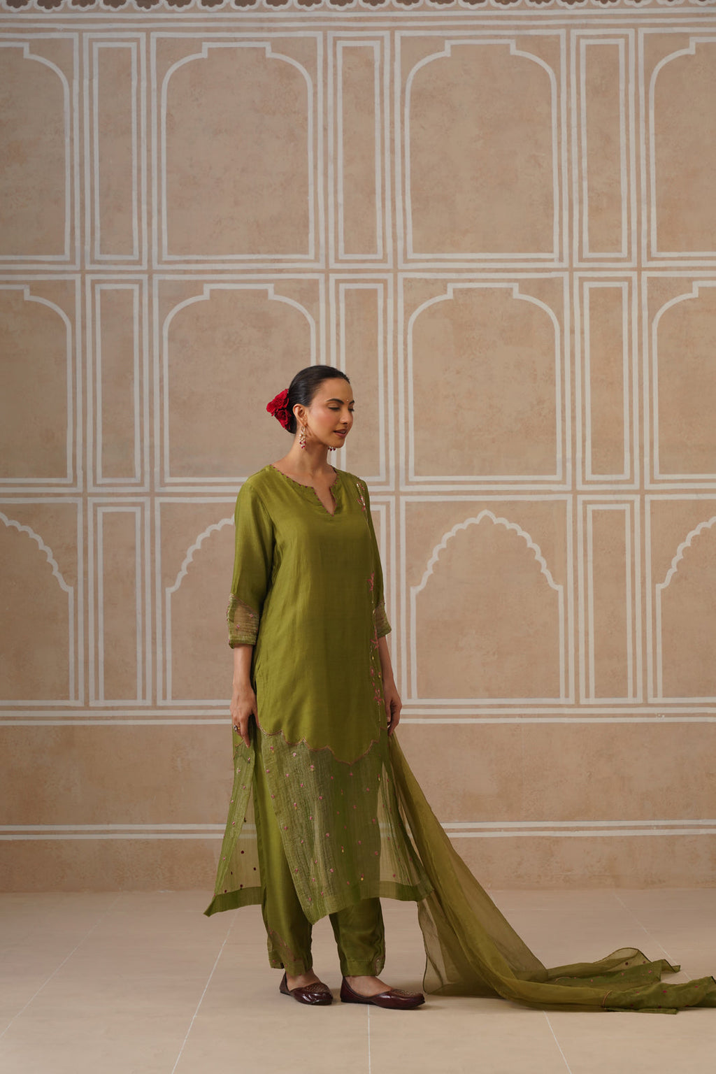 Mihika Olive Green Temple Scallop Kurta Set