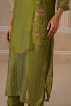 Mihika Olive Green Temple Scallop Kurta Set