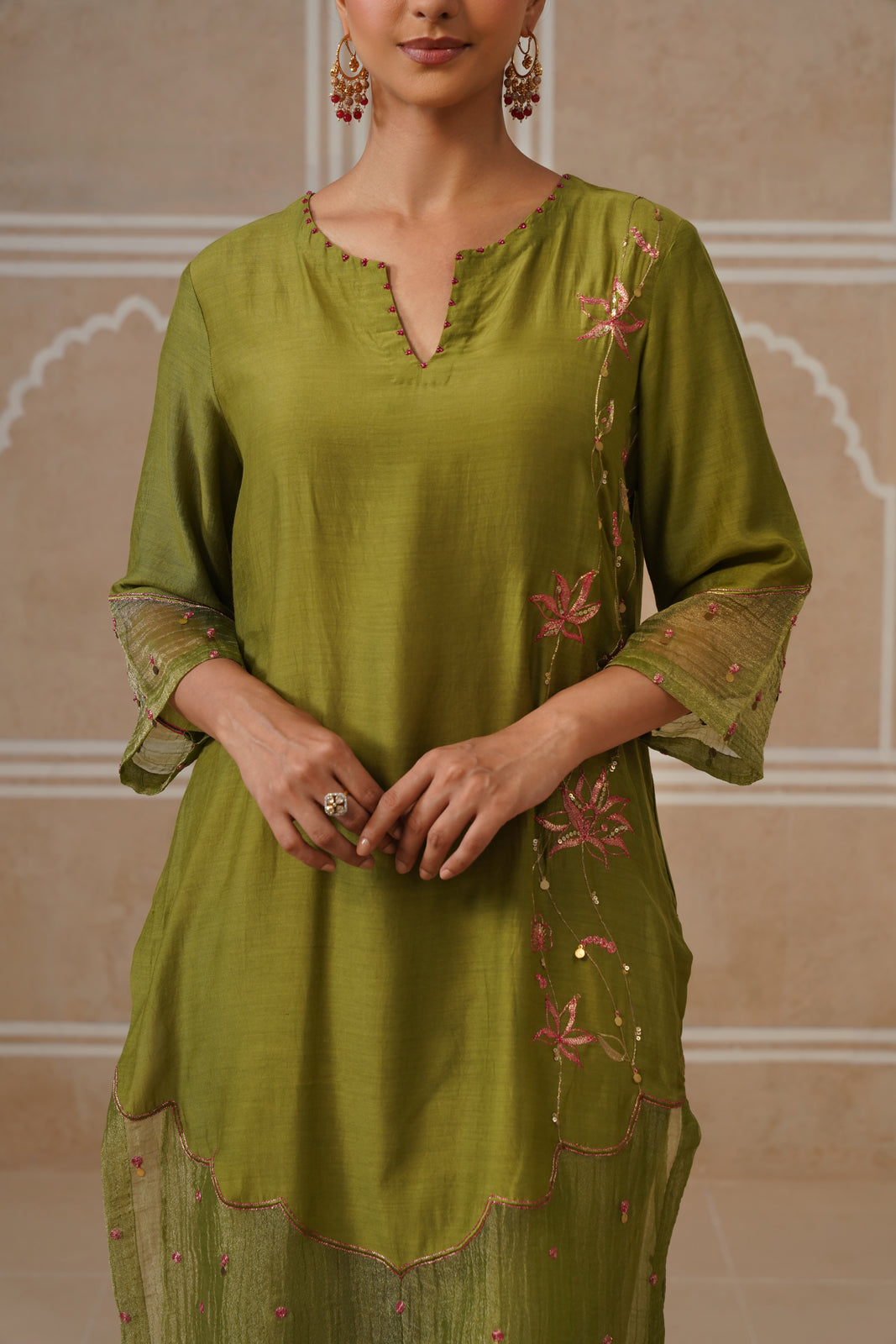 Mihika Olive Green Temple Scallop Kurta Set