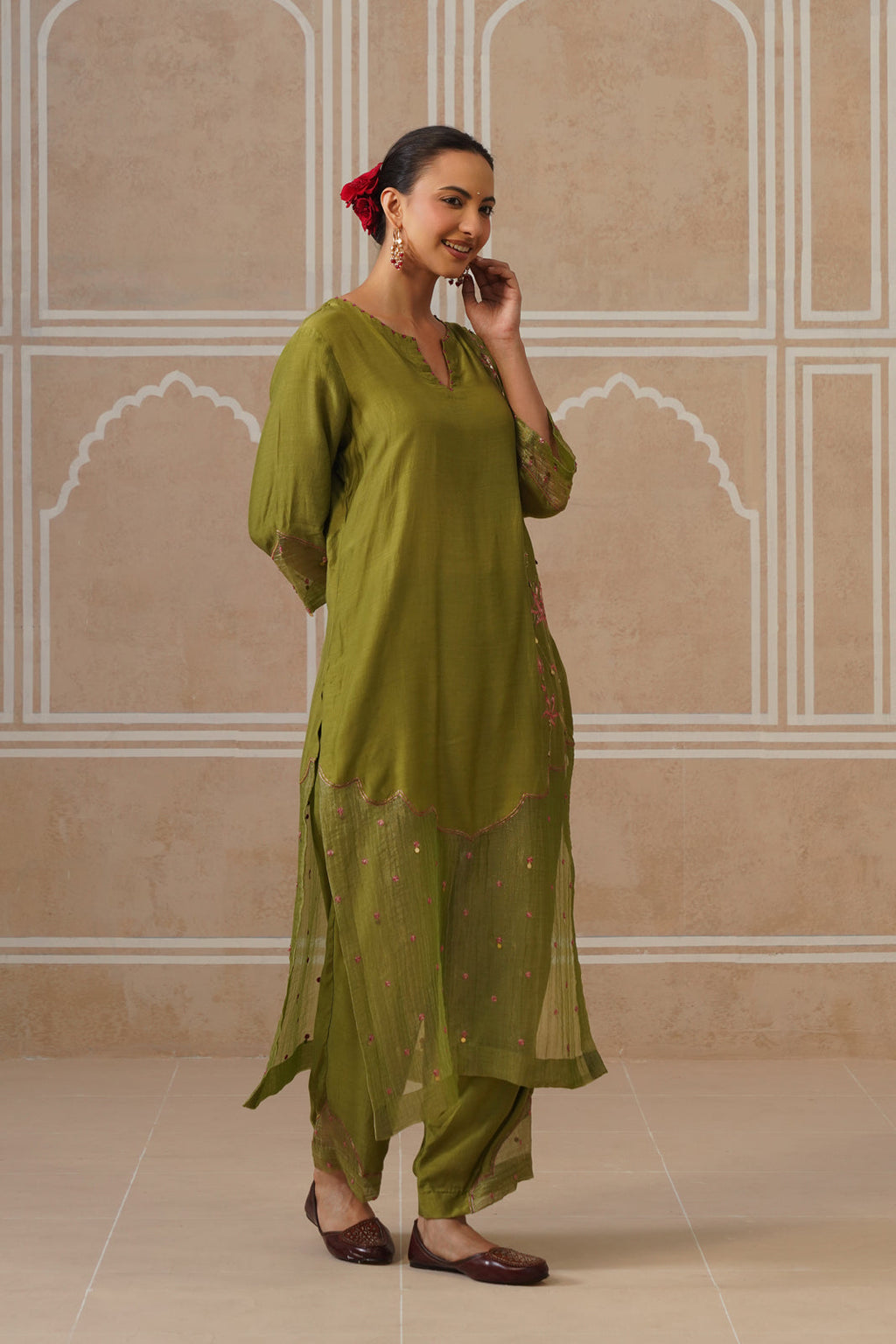 Mihika Olive Green Temple Scallop Kurta Set