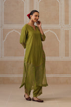 Mihika Olive Green Temple Scallop Kurta Set