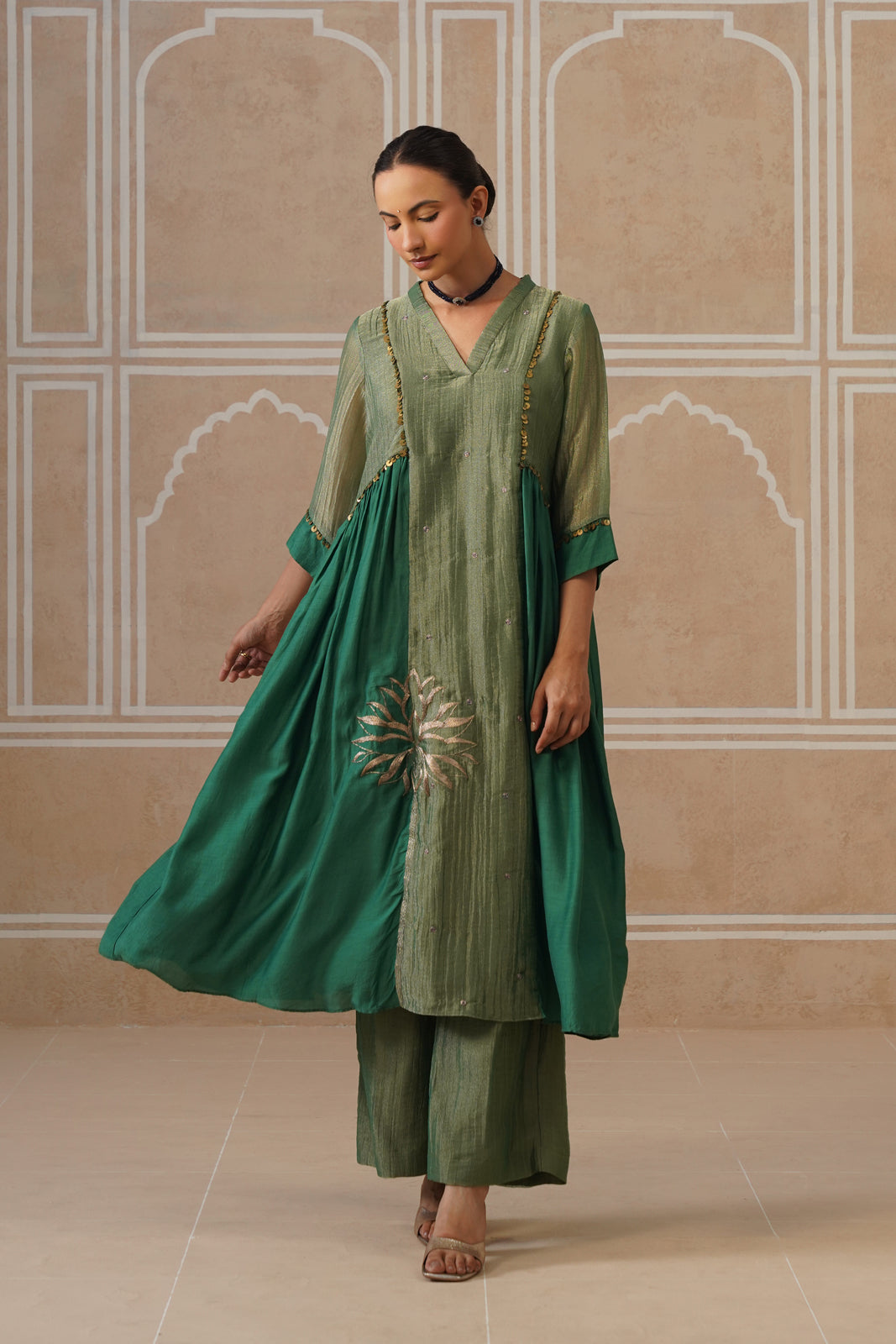 Anahita Forest Green Gathered Kurta Set with Palazzo Main image