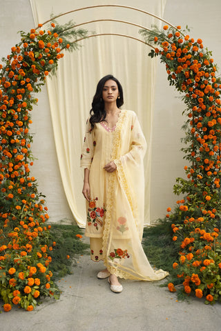 Yellow Chanderi Silk Embroidered Kurta Set