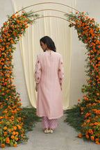 Pink Line Print & Embroidered Kurta Set