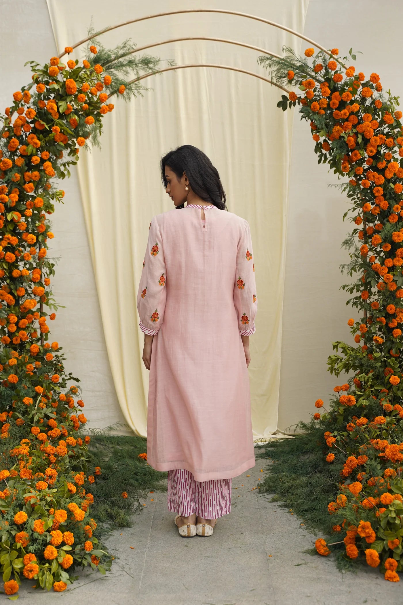 Pink Line Print & Embroidered Kurta Set