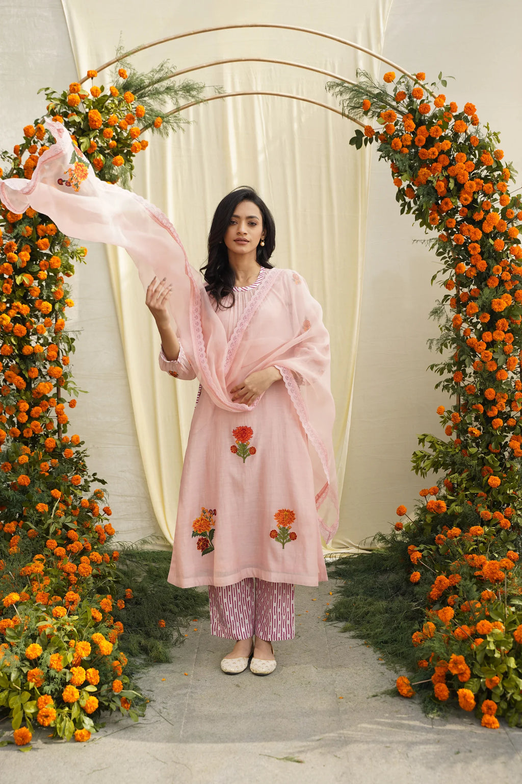 Pink Line Print & Embroidered Kurta Set