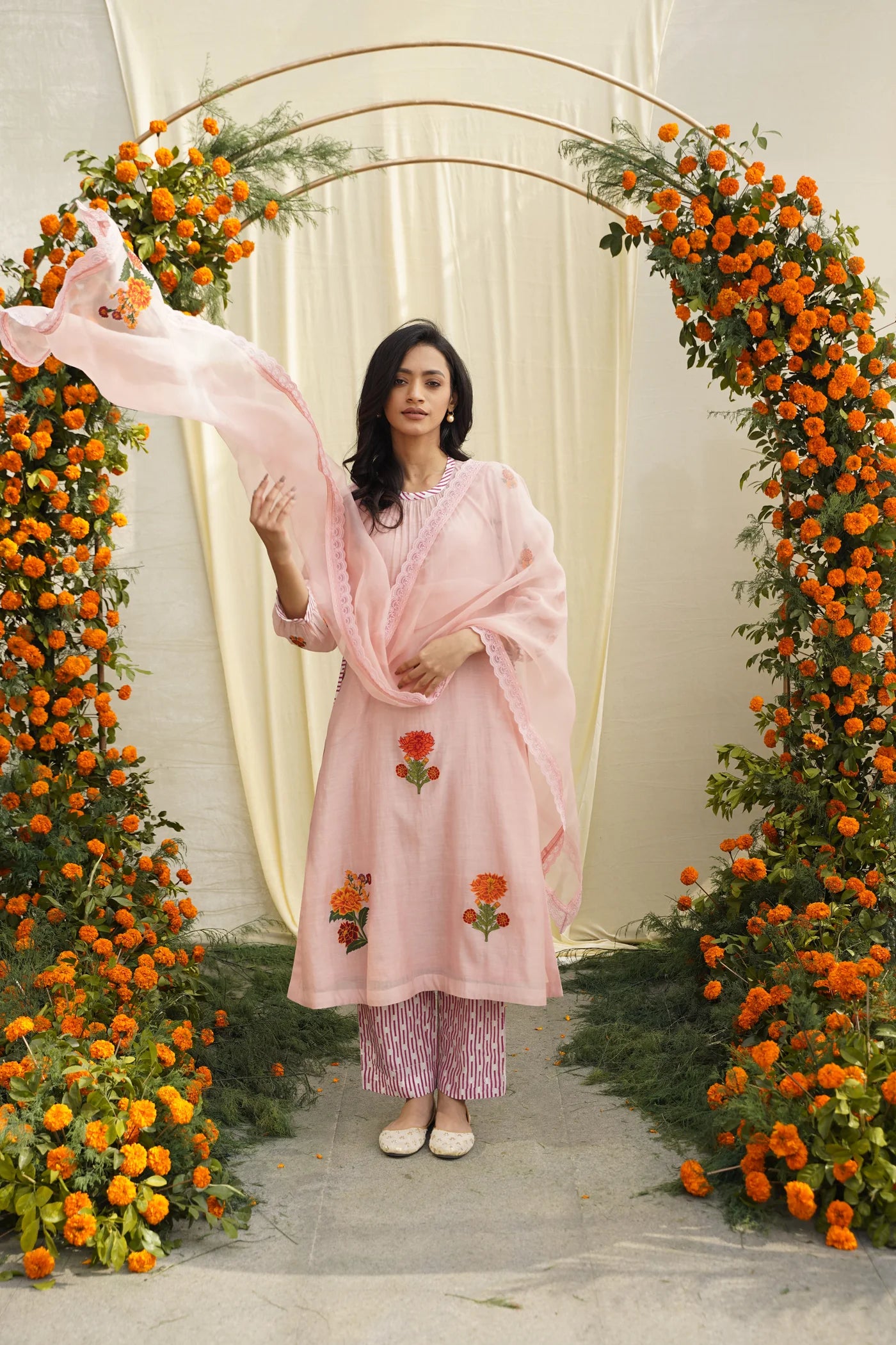 Pink Line Print & Embroidered Kurta Set Main image