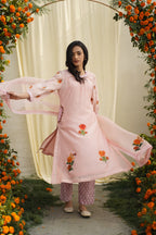 Pink Line Print & Embroidered Kurta Set