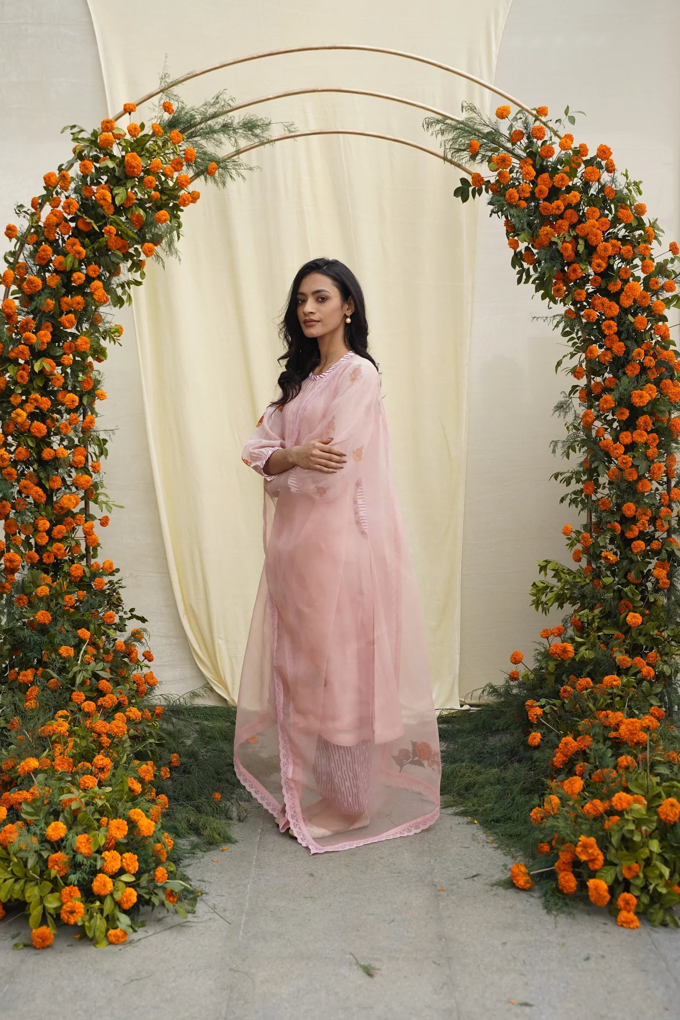 Pink Line Print & Embroidered Kurta Set