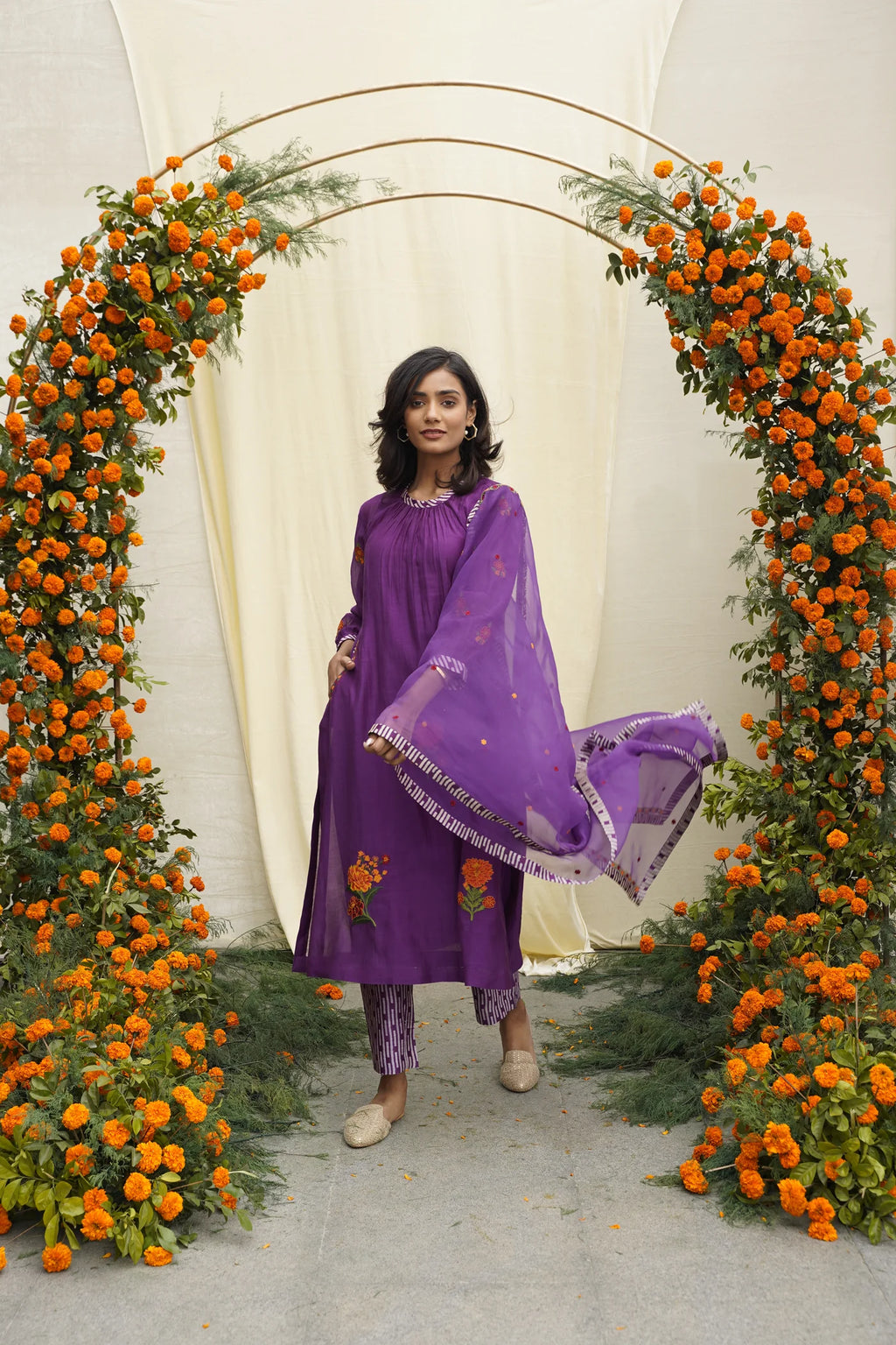 Purple Line Print & Embroidered Kurta Set