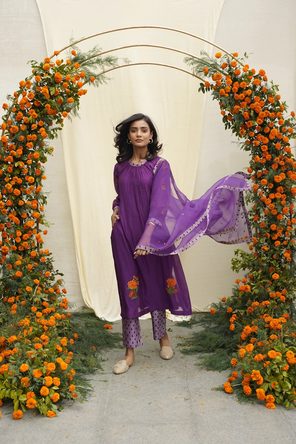 Purple Line Print & Embroidered Kurta Set