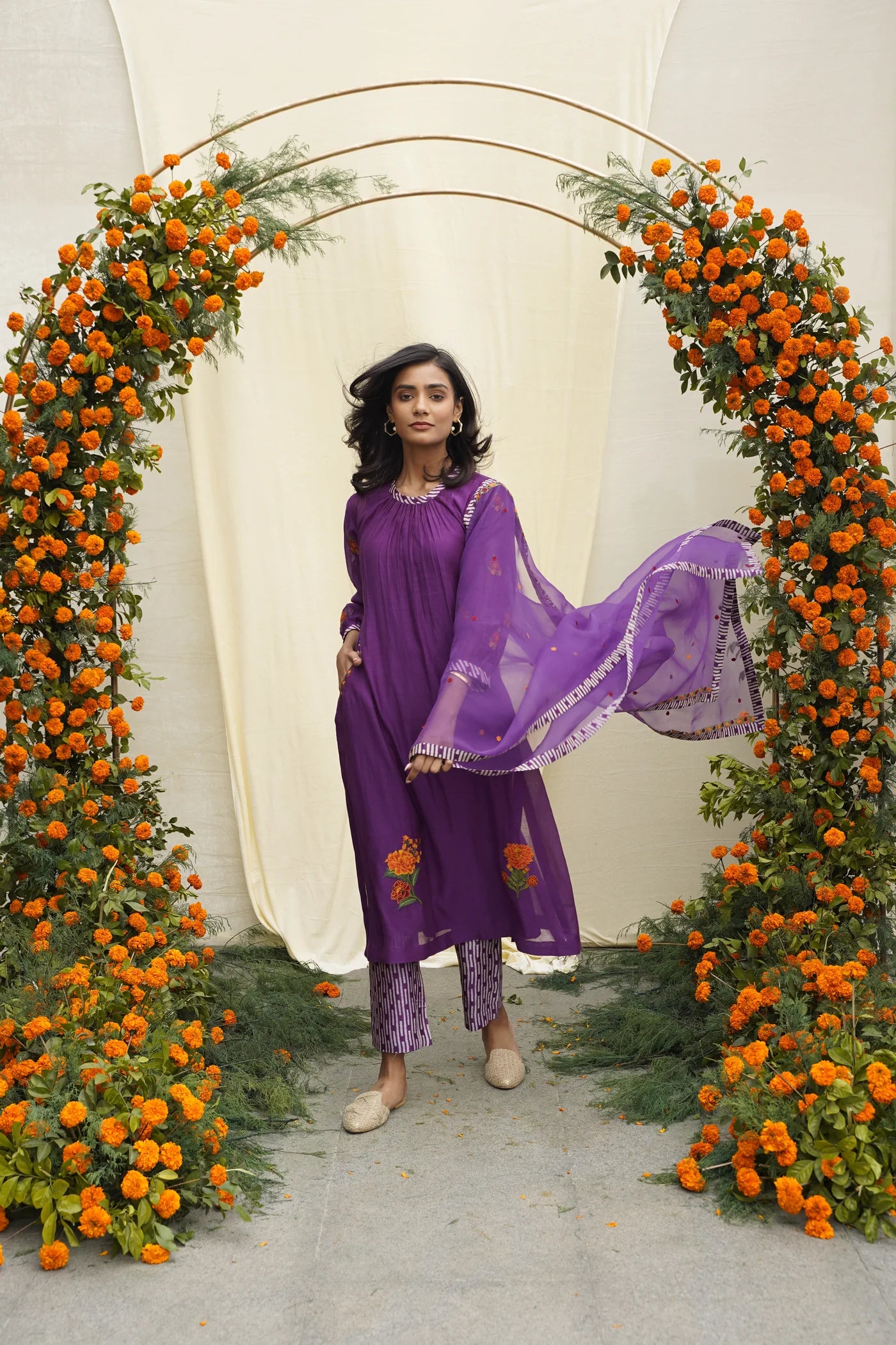 Purple Line Print & Embroidered Kurta Set