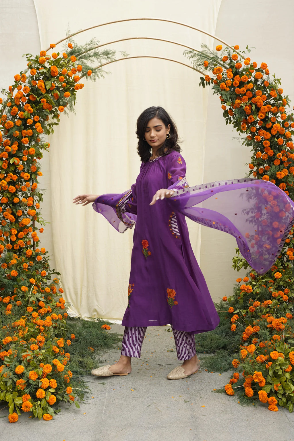 Purple Line Print & Embroidered Kurta Set