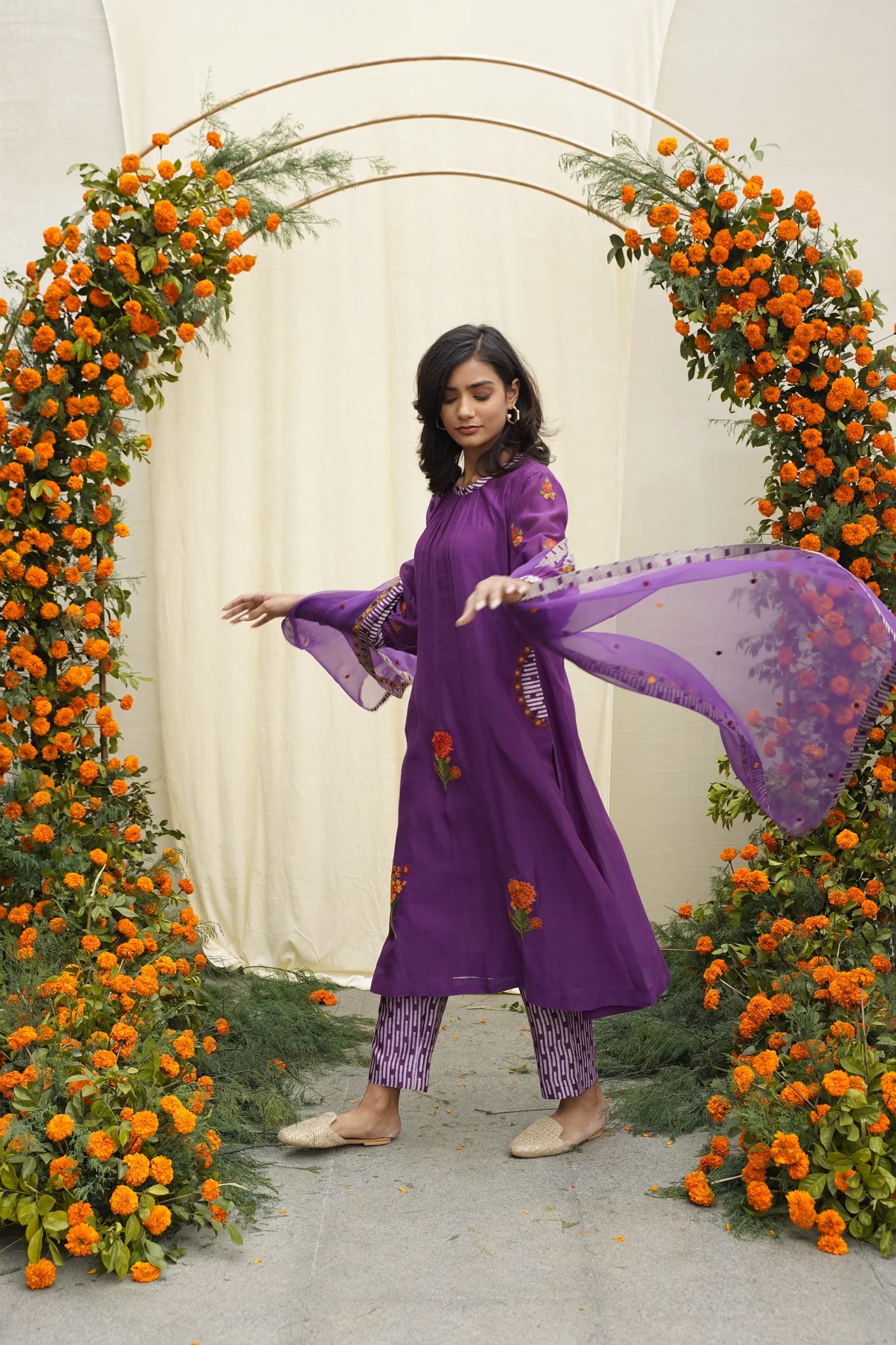 Purple Line Print & Embroidered Kurta Set