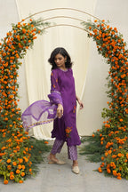 Purple Line Print & Embroidered Kurta Set