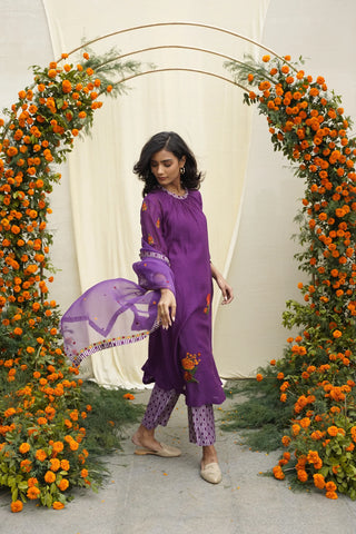 Purple Line Print & Embroidered Kurta Set