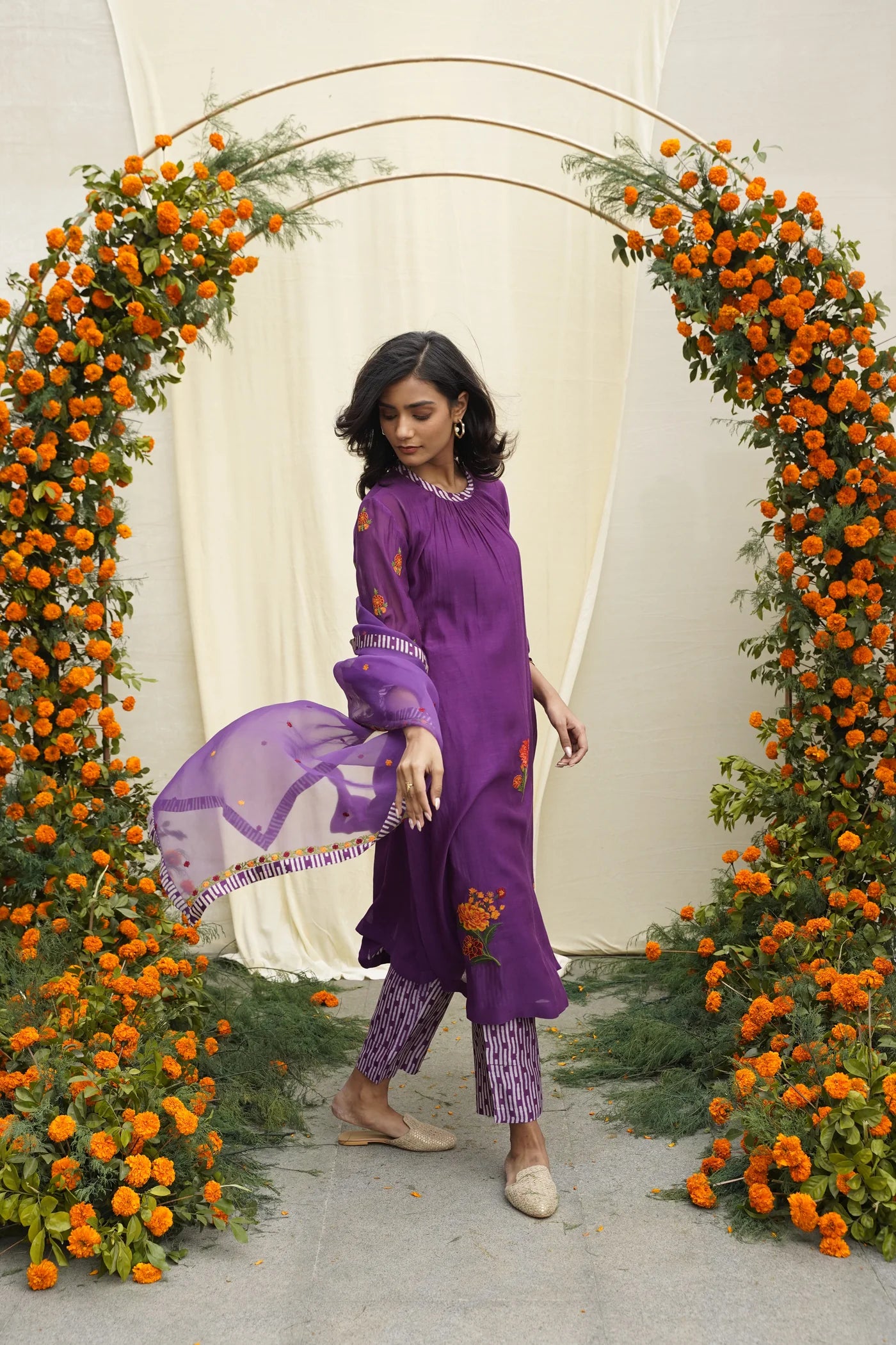 Purple Line Print & Embroidered Kurta Set