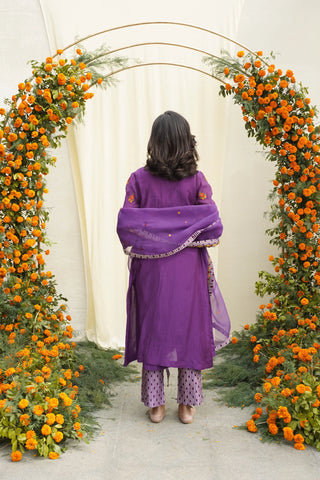 Purple Line Print & Embroidered Kurta Set