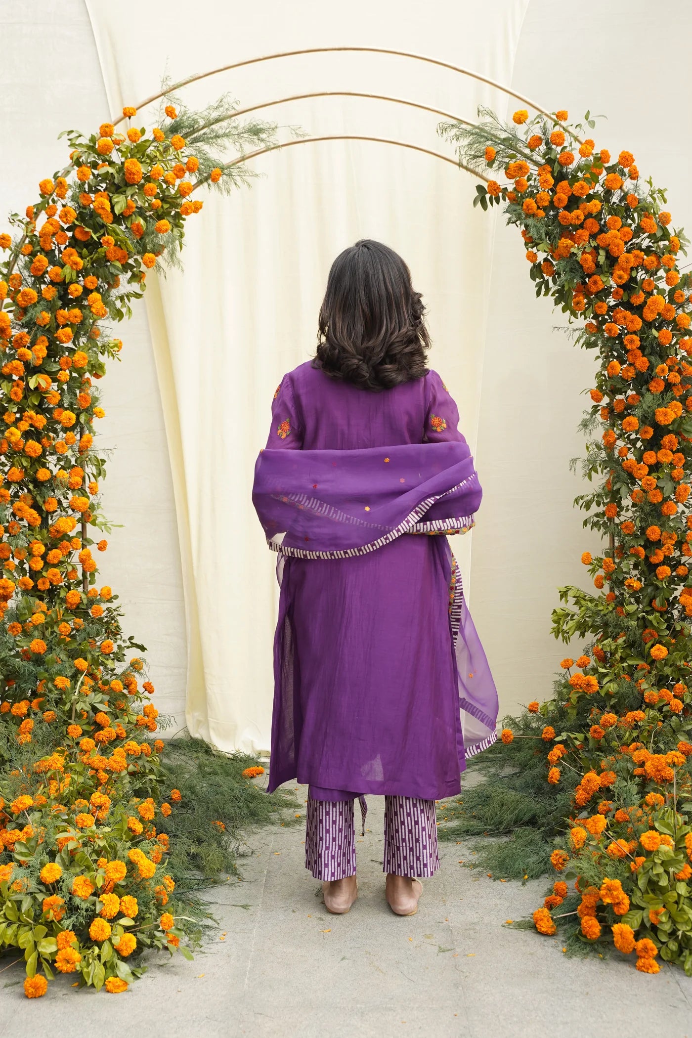 Purple Line Print & Embroidered Kurta Set