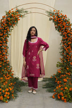 Maroon Thread Embroidered Kurta Set