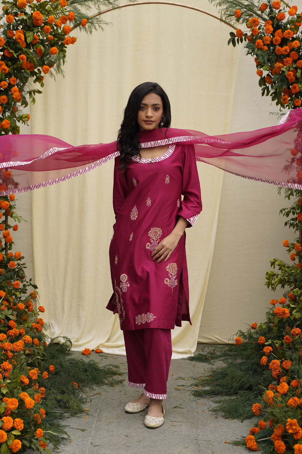Maroon Thread Embroidered Kurta Set