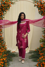 Maroon Thread Embroidered Kurta Set